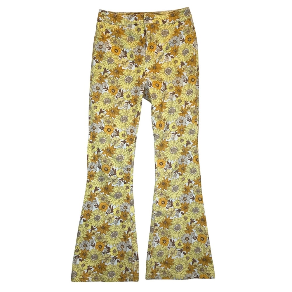 Forever 21 Yellow Floral‎ High Waisted Flare Bell Bottom Pants Size 26 Retro 70s